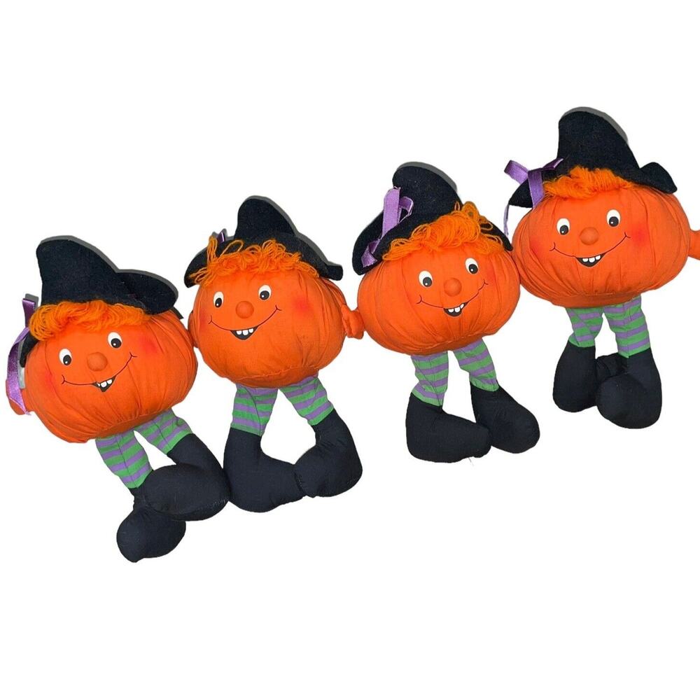 Hallmark Halloween Plush Jack O Lantern Witch Pumpkin Shelf Sit Lot of 4 VTG